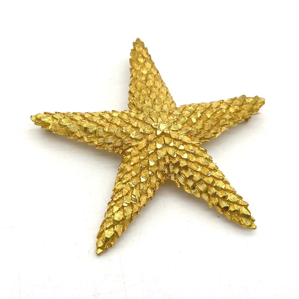 Vintage Gold Tone Textured Starfish Brooch Pendant Nautical Sea Life Pin 3 Inch